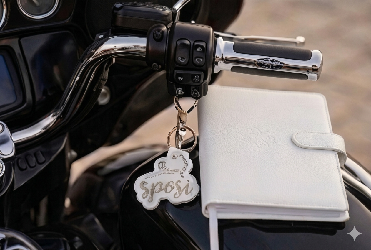 Dettaglio sposi sul manubrio Harley